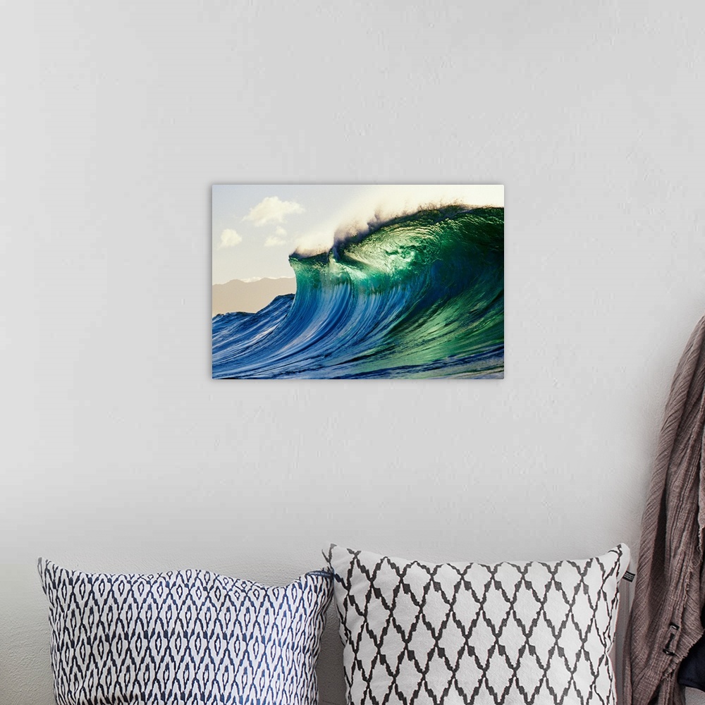 A bohemian room featuring Hawaii, Oahu, North Shore; Large Green Blue Wave About To Curl, Mountains In Background