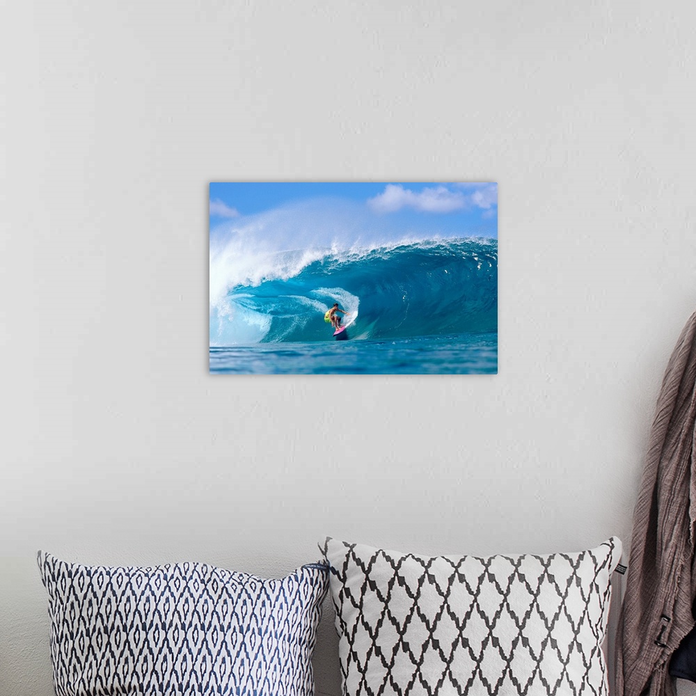 A bohemian room featuring Hawaii, Oahu, North Shore, Pipeline Surfer Coming Out Of Wave, C