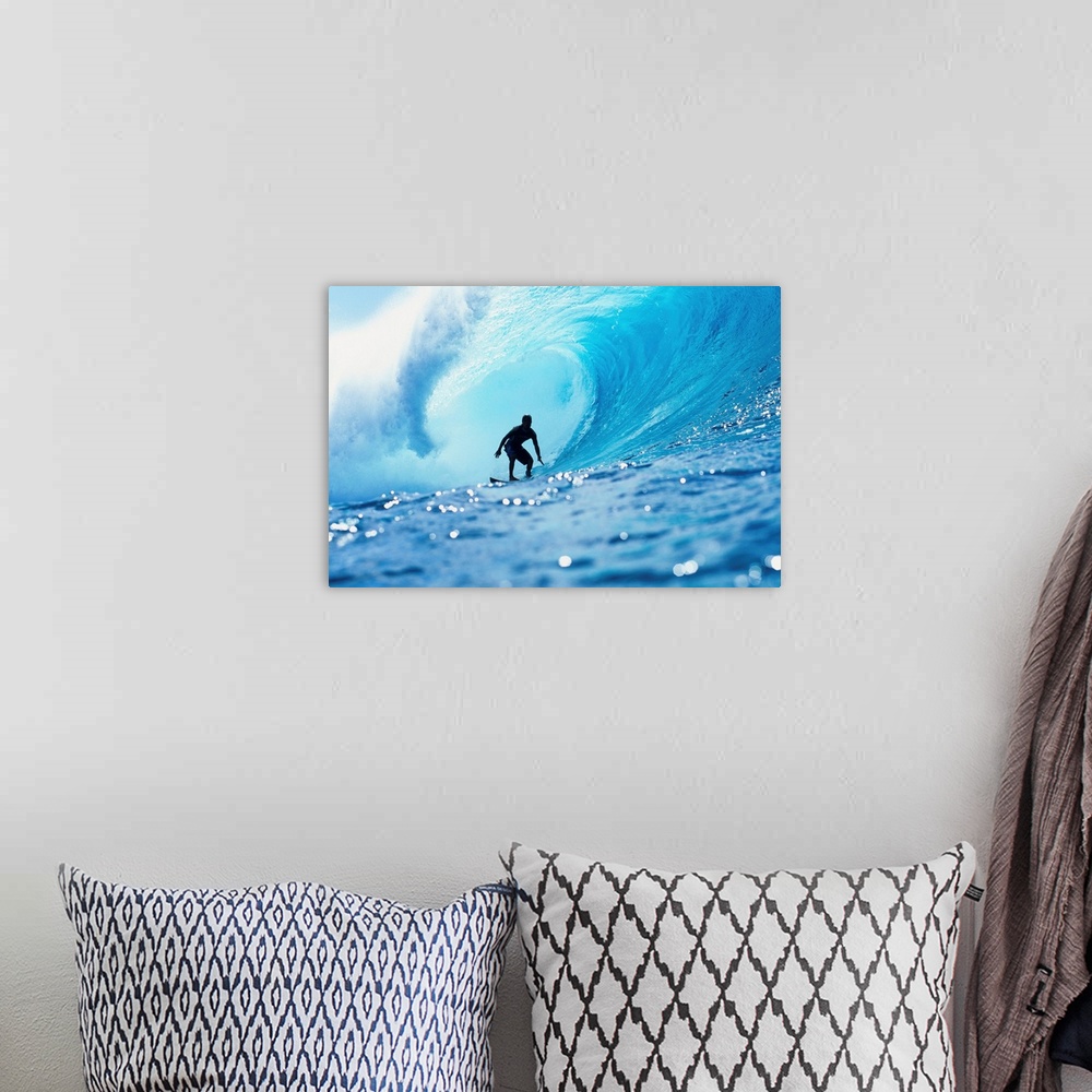 A bohemian room featuring Hawaii, Oahu, North Shore, Silhouette Of Surfer In Pipeline