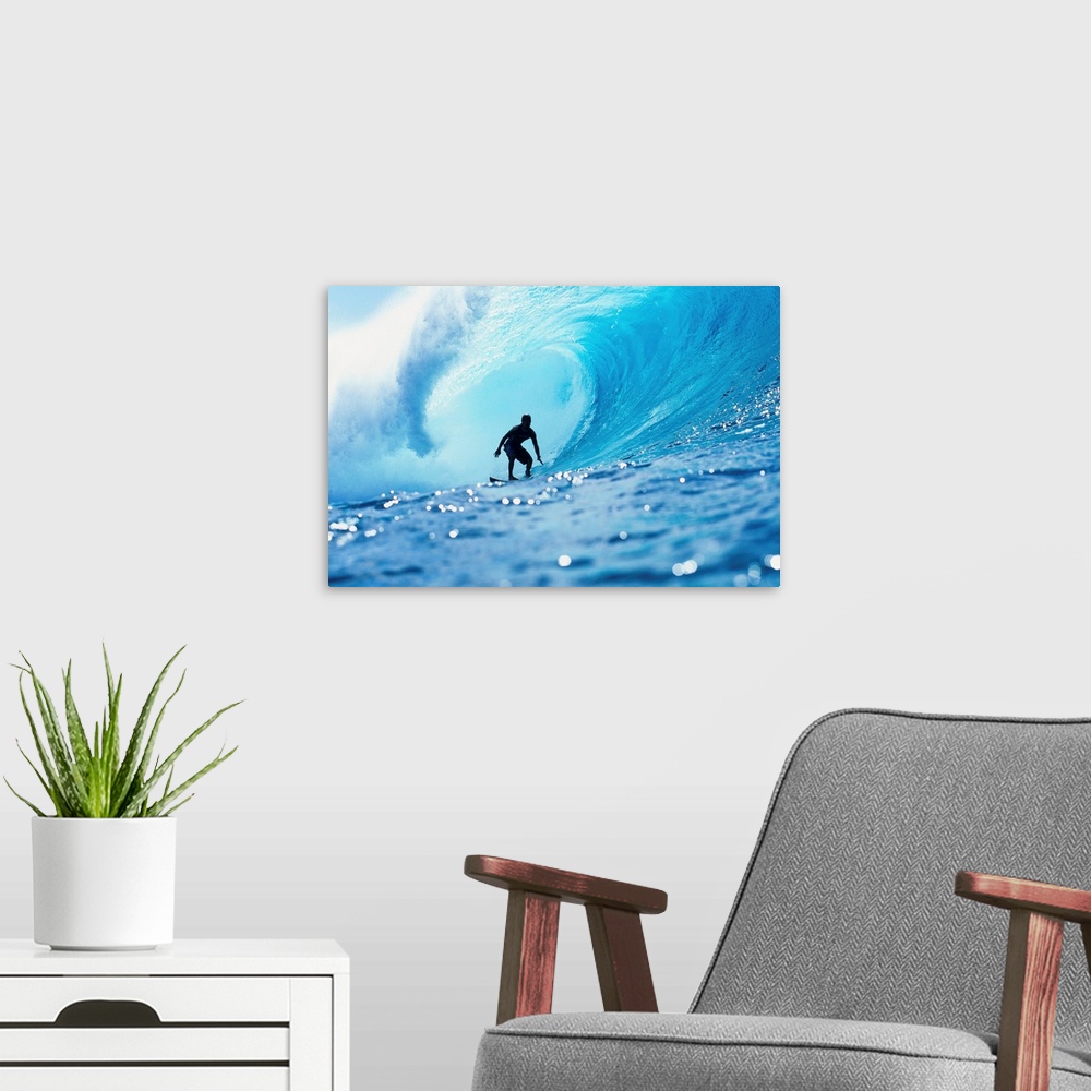 A modern room featuring Hawaii, Oahu, North Shore, Silhouette Of Surfer In Pipeline