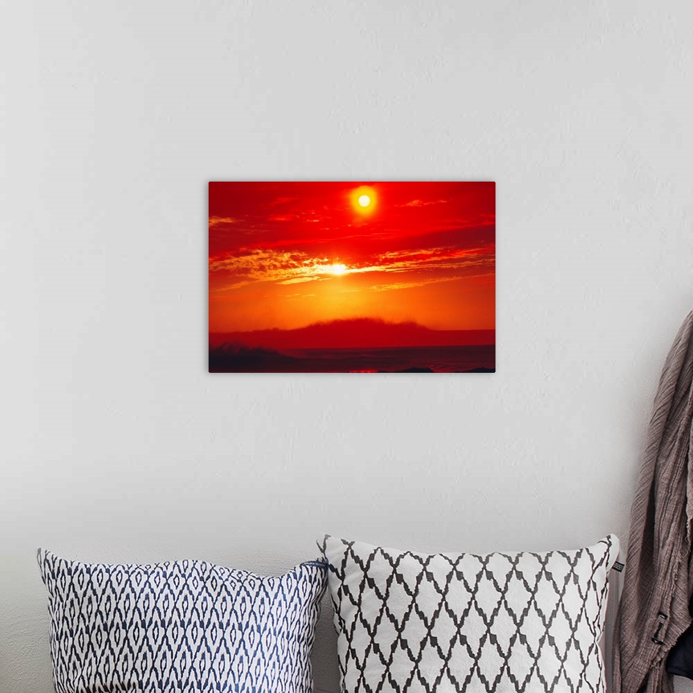 A bohemian room featuring Hawaii, Oahu, North Shore, Sunset, Orange Skies, Big Waves Silhouetted