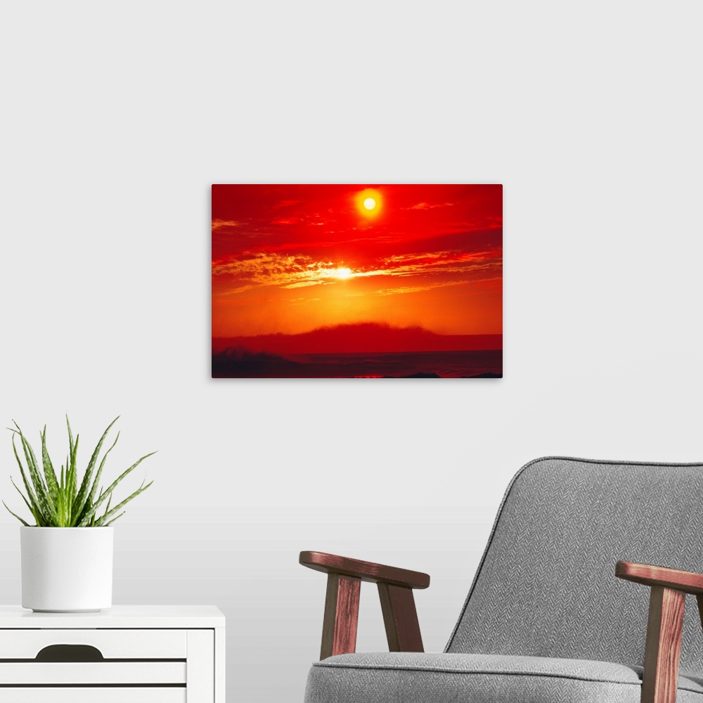 A modern room featuring Hawaii, Oahu, North Shore, Sunset, Orange Skies, Big Waves Silhouetted
