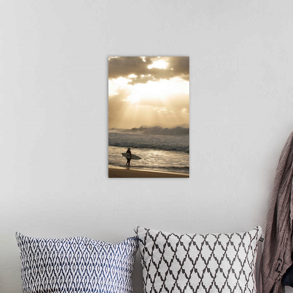A bohemian room featuring Hawaii, Oahu, North Shore, Surfer Standing On Shore