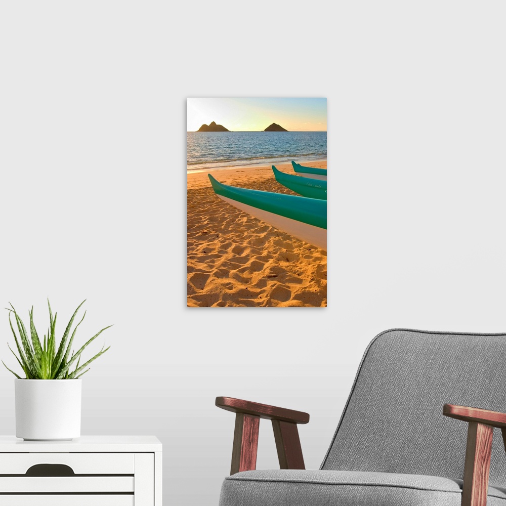 A modern room featuring Hawaii, Oahu, Outrigger Canoes On Lanikai Beach At Sunrise