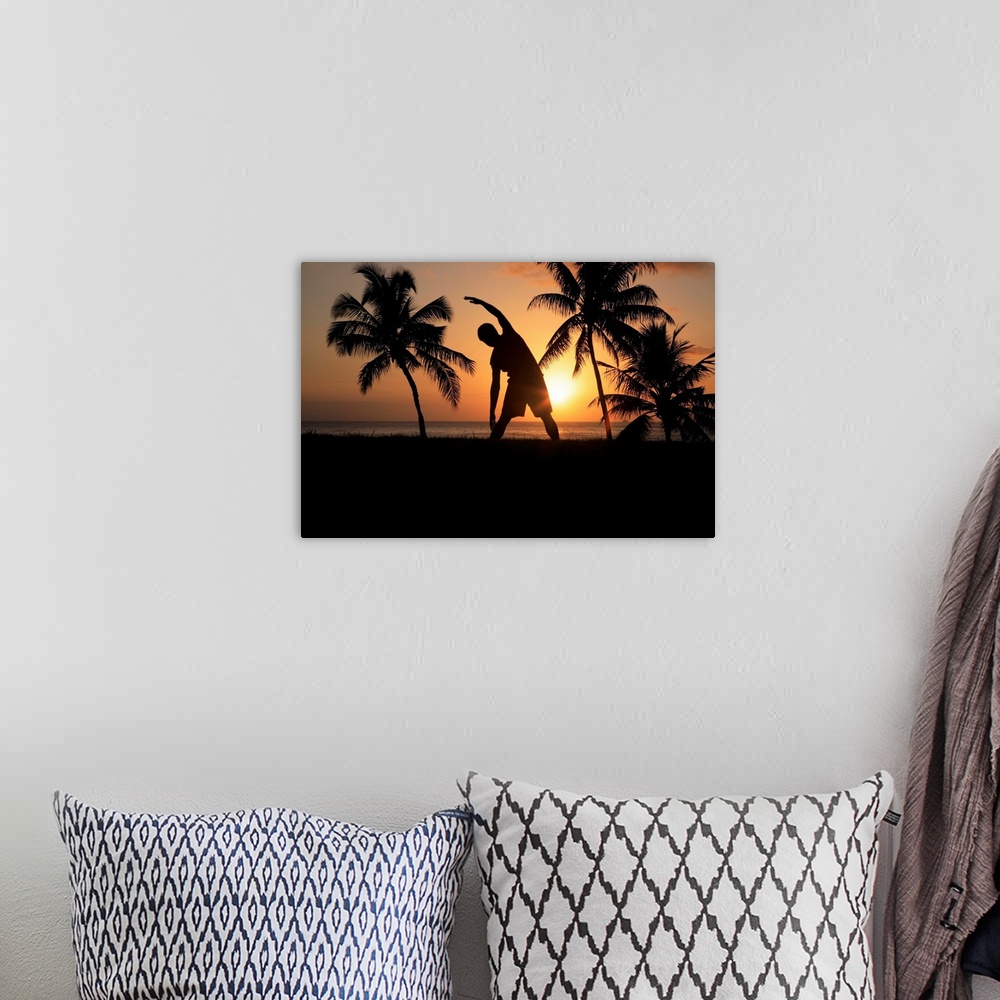A bohemian room featuring Hawaii, Oahu, Silhouette Of Man Stretching Near The Beach As The Golden Sunsets