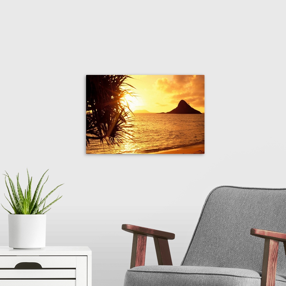 A modern room featuring Hawaii, Oahu, View Of Chinaman's Hat At Sunset