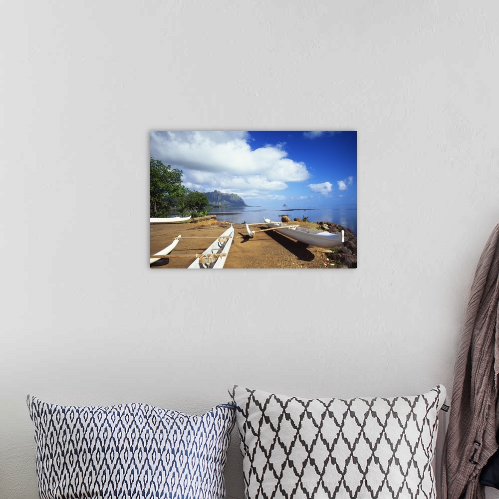 A bohemian room featuring Hawaii, Oahu, Waiahole, Outrigger Canoes On Beach, Turquoise Water