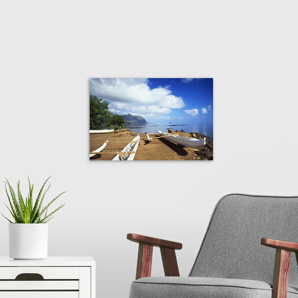 A modern room featuring Hawaii, Oahu, Waiahole, Outrigger Canoes On Beach, Turquoise Water