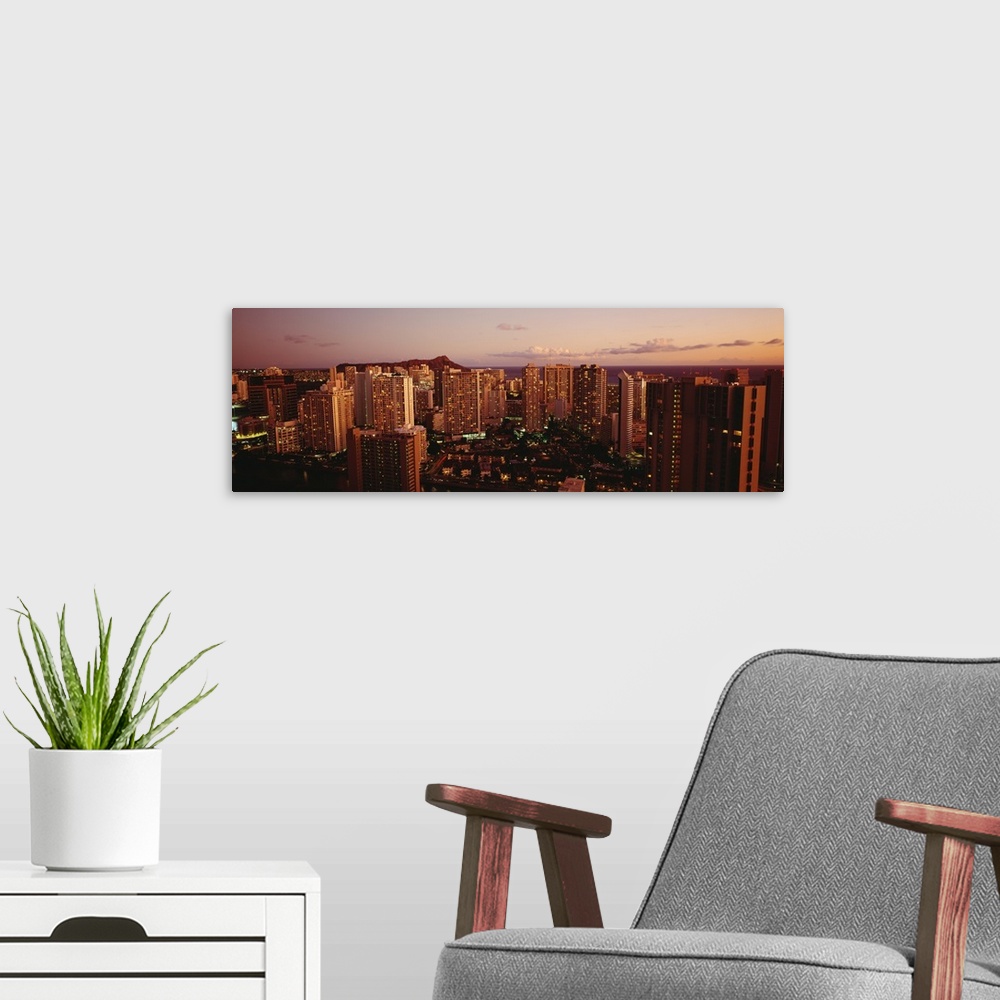A modern room featuring Hawaii, Oahu, Waikiki, Evening Glow On City Buildings At Twilight