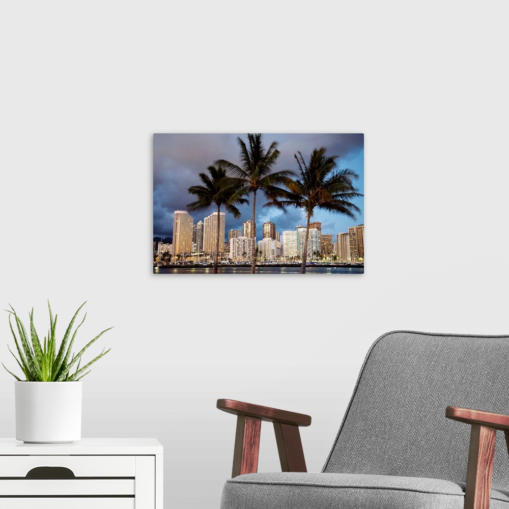 A modern room featuring Hawaii, Oahu, Waikiki, Evening Sky View From Magic Island