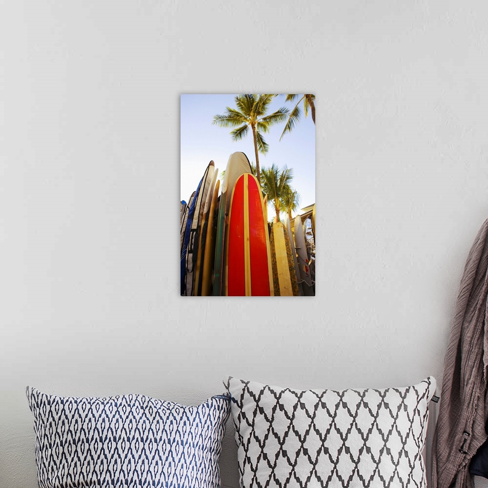 A bohemian room featuring Hawaii, Oahu, Waikiki,Colorful Surfboards In Surfboard Rack On Waikiki Beach