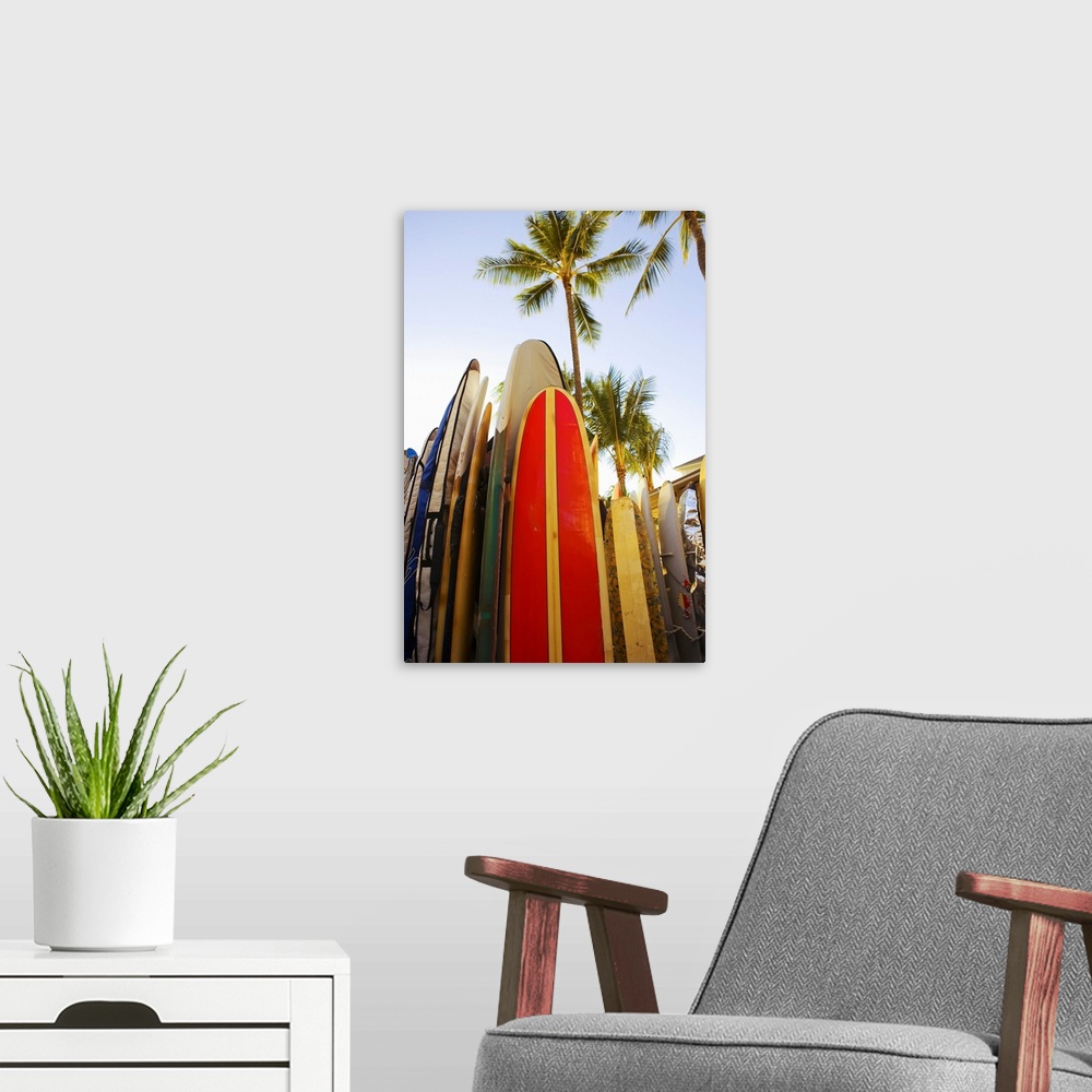 A modern room featuring Hawaii, Oahu, Waikiki,Colorful Surfboards In Surfboard Rack On Waikiki Beach