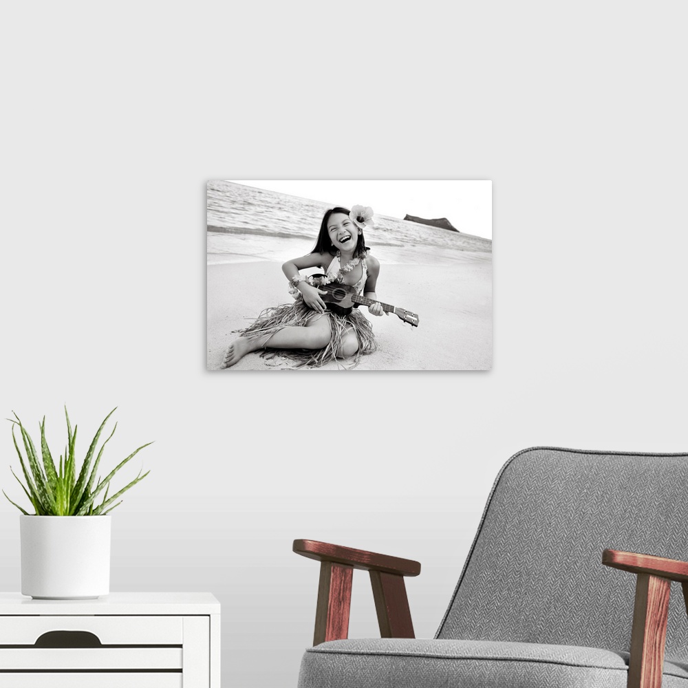 A modern room featuring Hawaii, Oahu, Young Girl Smiling And Playing Ukulele On The Beach In A Hula Skirt