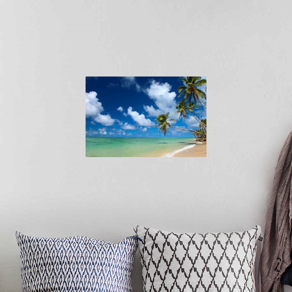 A bohemian room featuring Serene scene of a sandy beach and clear tropical ocean water under a sky filled with clouds.