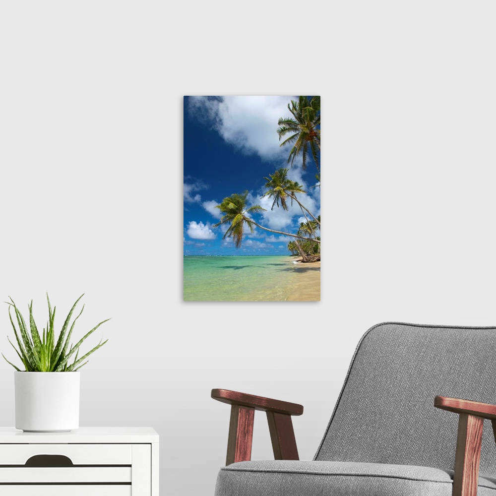 A modern room featuring This large vertical piece consists of several palm trees that stretch over crystal clear ocean wa...