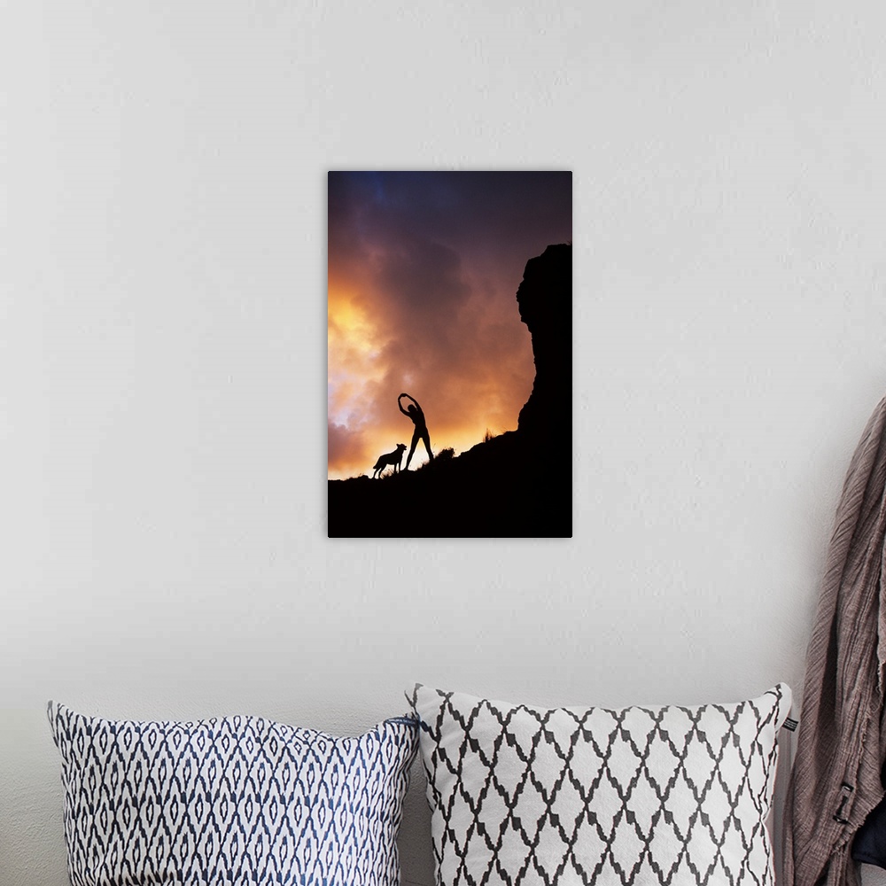 A bohemian room featuring Hawaii, Silhouette Of A Woman Stretching On A Mountain Top At Sunset