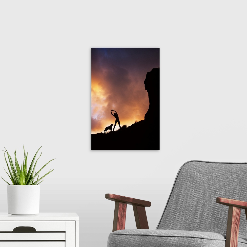 A modern room featuring Hawaii, Silhouette Of A Woman Stretching On A Mountain Top At Sunset