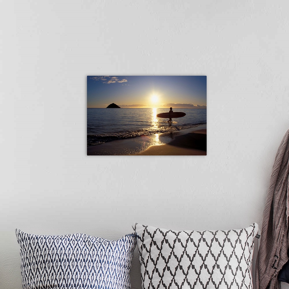 A bohemian room featuring Hawaii, Silhouetted Surfer On Shore At Sunrise