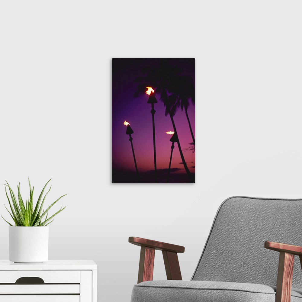 A modern room featuring Hawaii, Tiki Torches Lit At Twilight, Purple Skies, Palm Trees