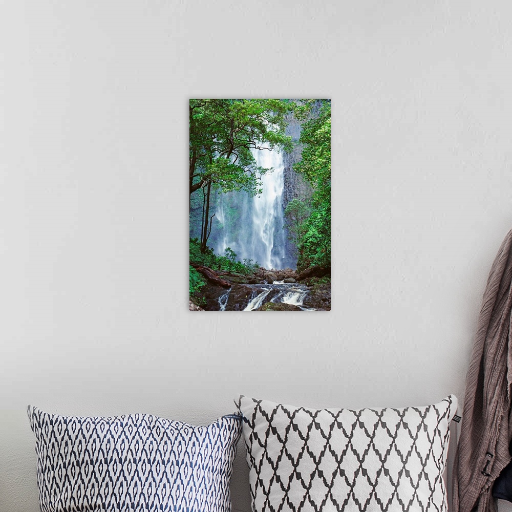 A bohemian room featuring Hawaii, Waterfalls Cascading Down Rocky Cliff, Trees Overlooking Stream