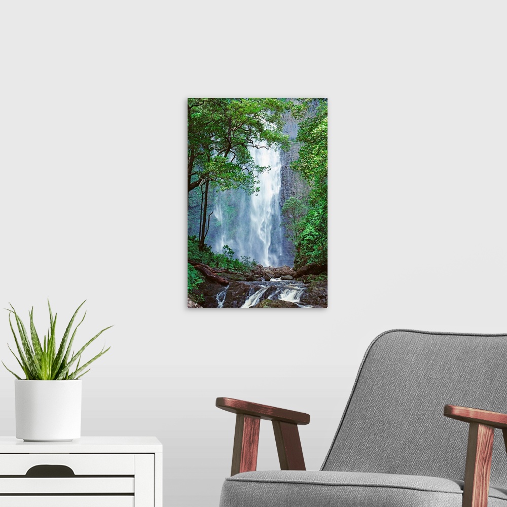A modern room featuring Hawaii, Waterfalls Cascading Down Rocky Cliff, Trees Overlooking Stream