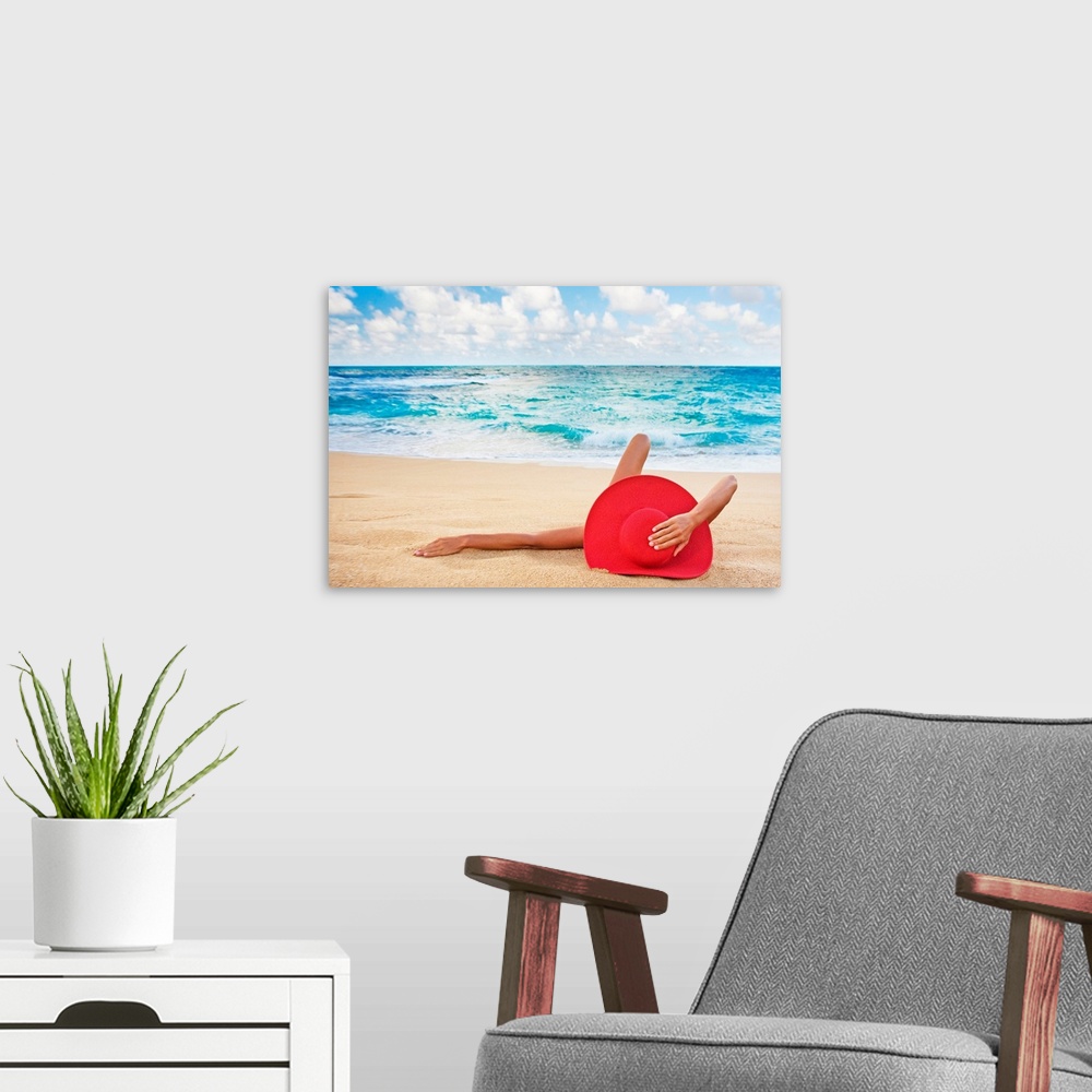 A modern room featuring Hawaii, Woman Laying On The Beach