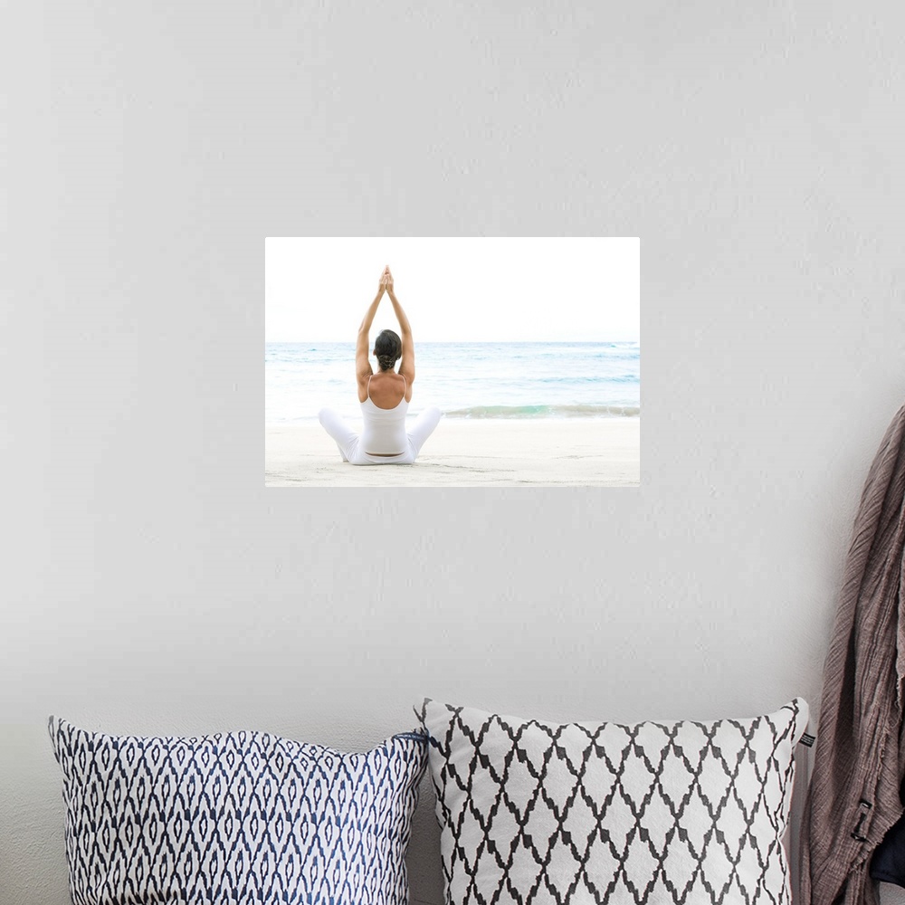 A bohemian room featuring Hawaii, Woman Meditating On Ocean Shore