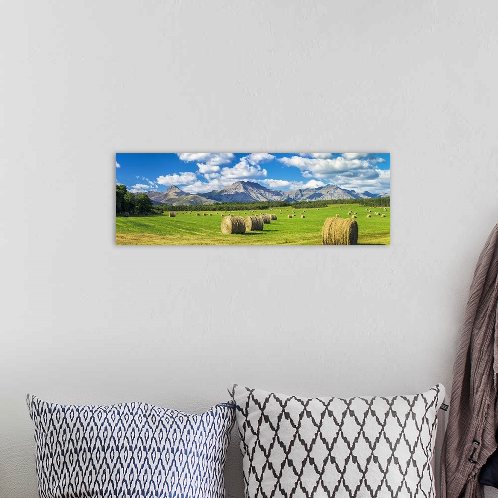 A bohemian room featuring Panorama of hay bales in a green field with mountains, blue sky and clouds in the background, Nor...