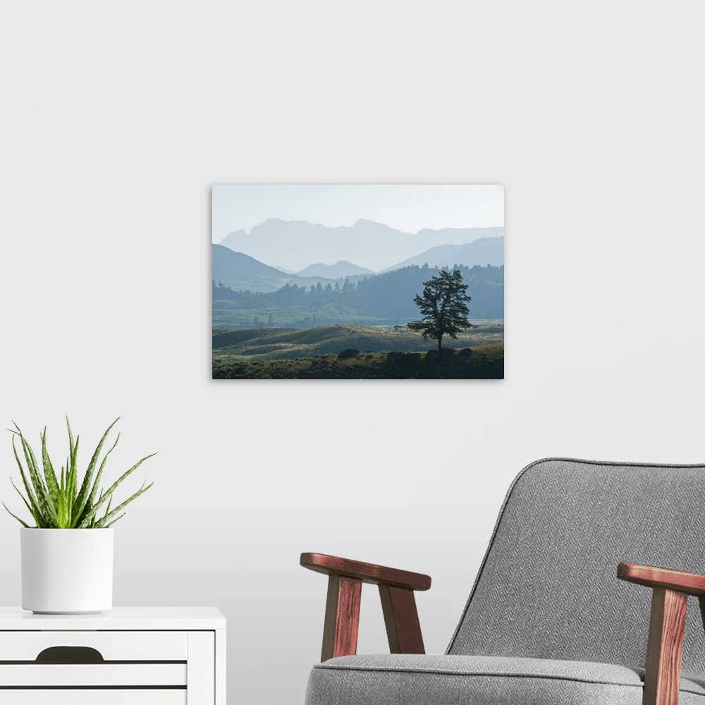 A modern room featuring Haze over the silhouetted Absaroka Range and Lamar Valley, Yellowstone National Park, United Stat...