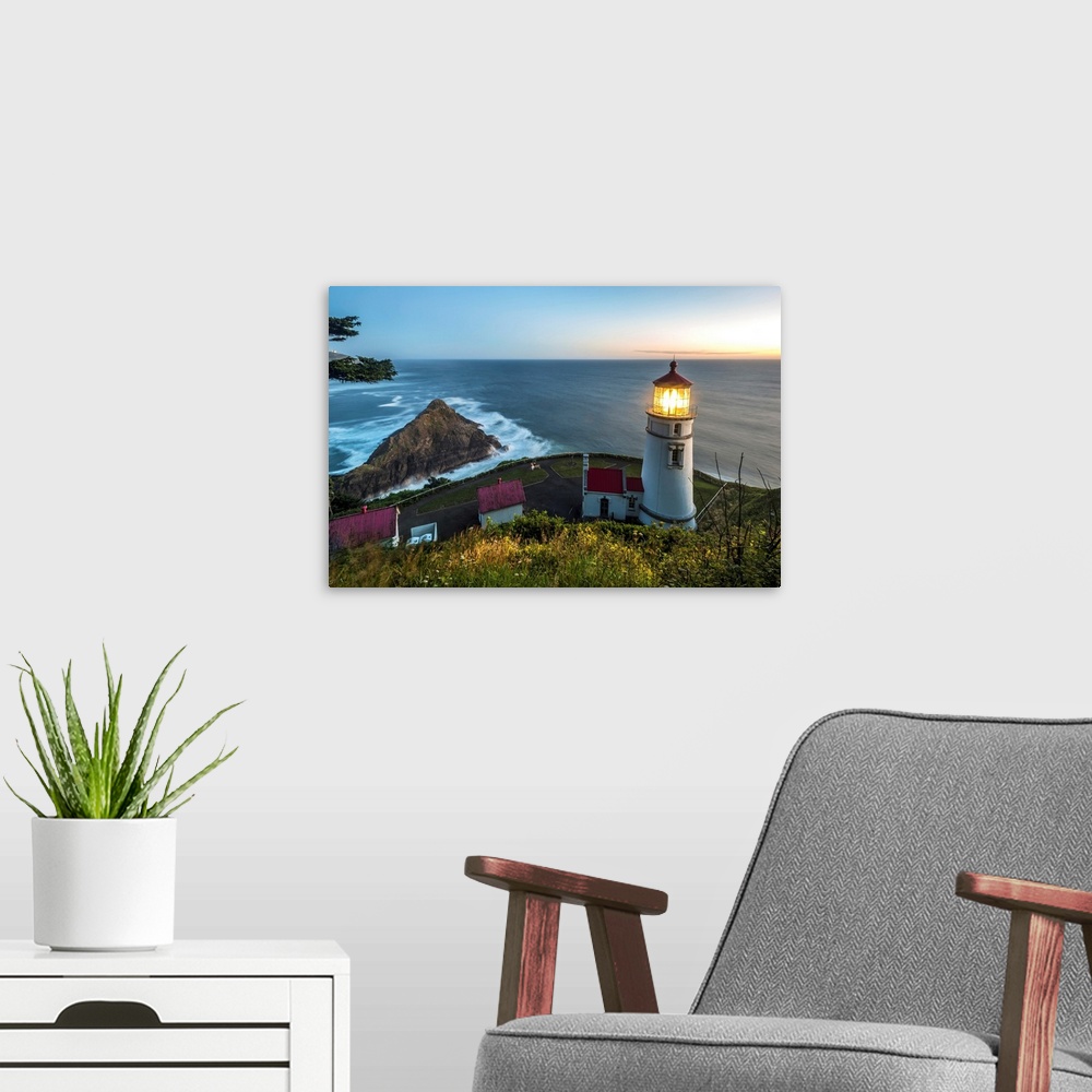 A modern room featuring Heceta Head lighthouse at dusk, Oregon, USA