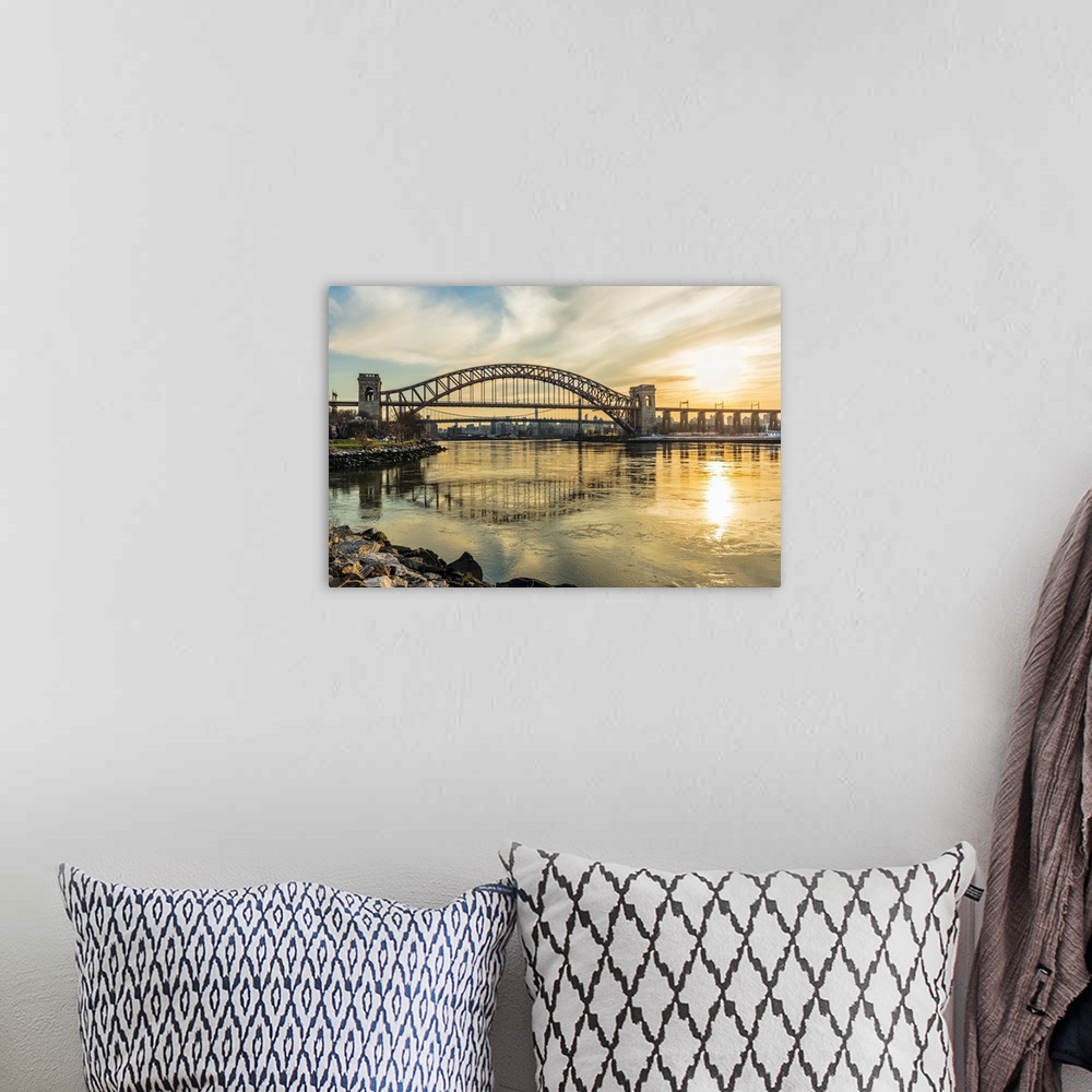 A bohemian room featuring Hell Gate And Rfk Triboro Bridges At Sunset, Ralph Demarco Park; Queens, New York, United States ...