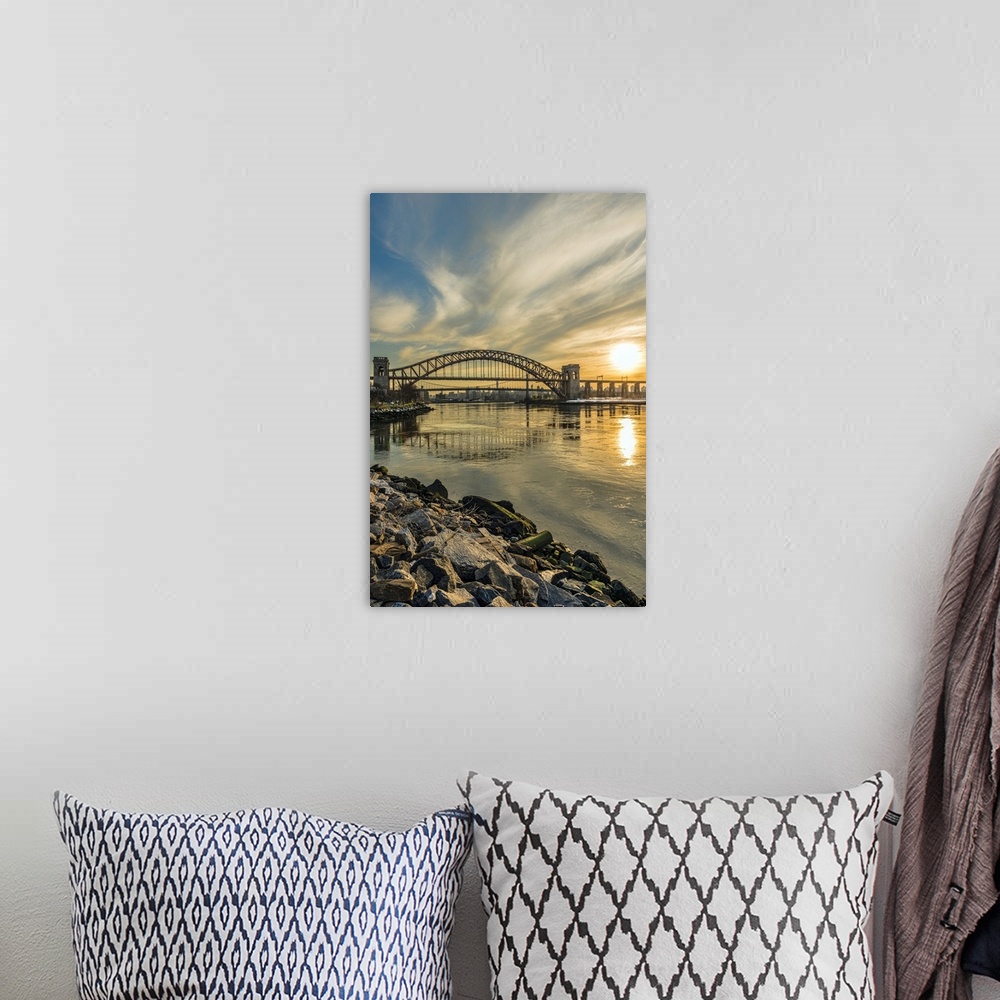 A bohemian room featuring Hell Gate And RFK Triborough Bridges At Sunset, Ralph Demarco Park; Queens, New York, United Stat...