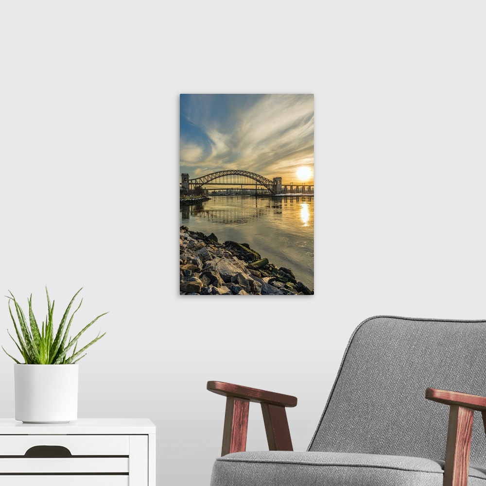 A modern room featuring Hell Gate And RFK Triborough Bridges At Sunset, Ralph Demarco Park; Queens, New York, United Stat...
