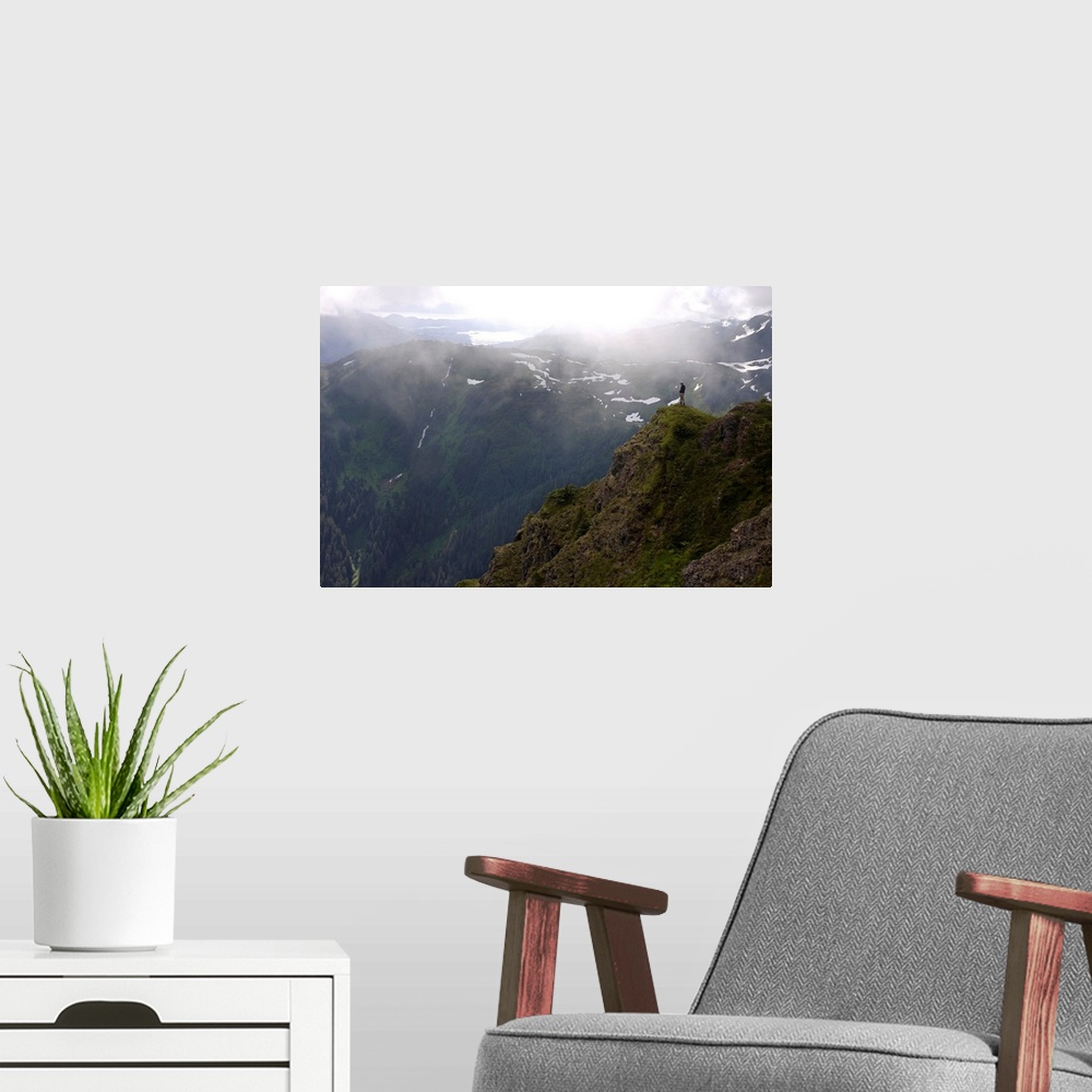 A modern room featuring Hiker on Eagle Peak promontory Admiralty Island Tongass National Fores