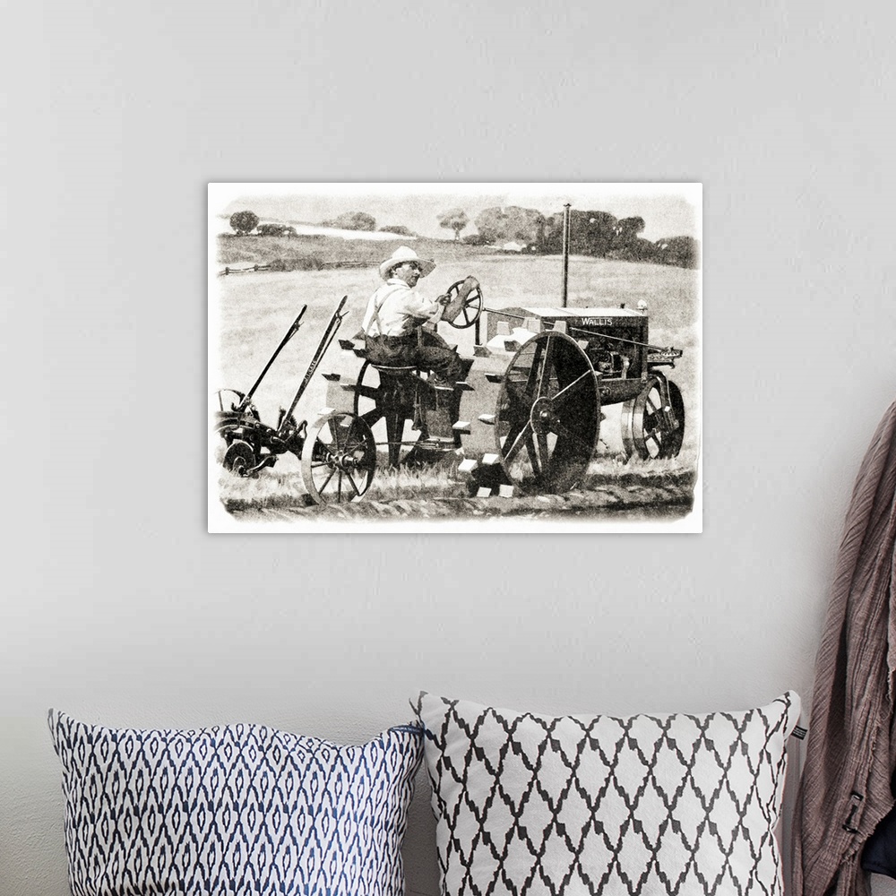 A bohemian room featuring Historic illustration of farmer riding a Wallis tractor from early 20th century