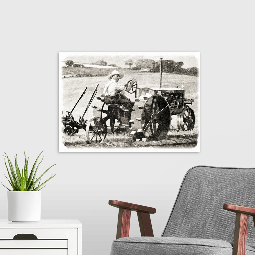 A modern room featuring Historic illustration of farmer riding a Wallis tractor from early 20th century