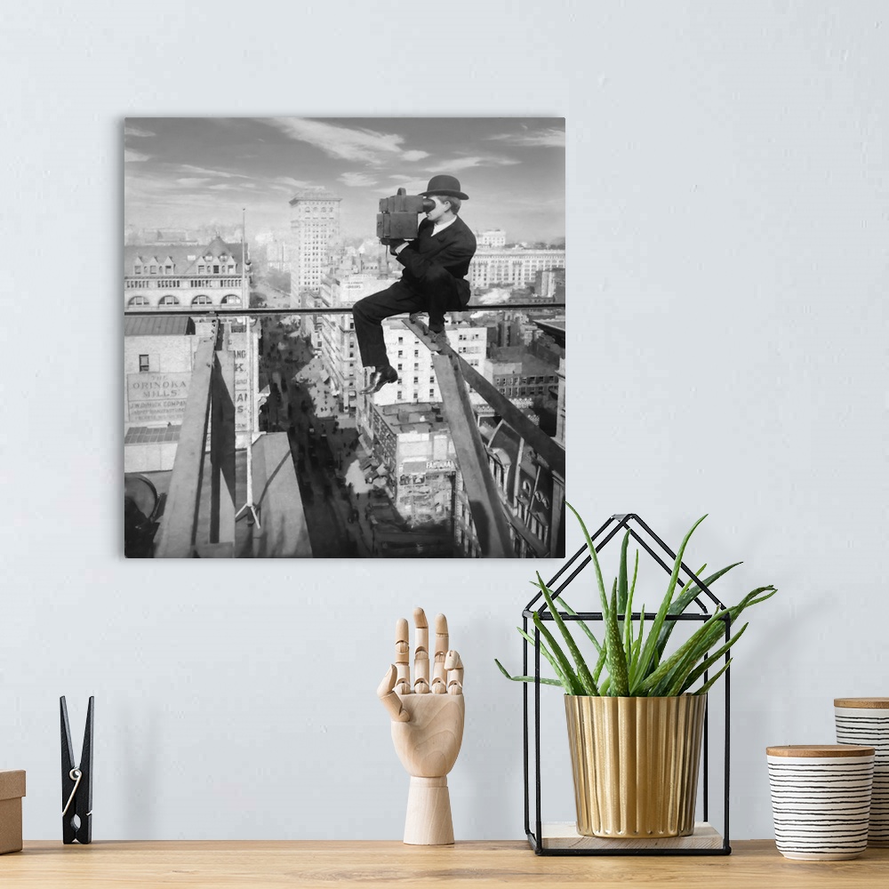 A bohemian room featuring Historic image in black and white of a photographer sitting on a slender girder above fifth avenu...