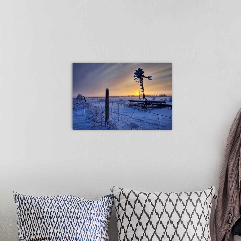 A bohemian room featuring Hoar Frost On A Foggy Winter Sunset, Alberta, Canada