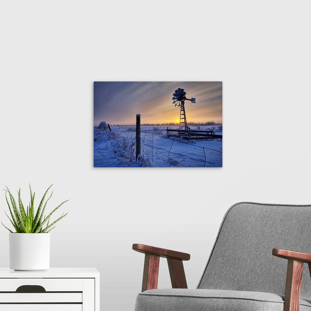A modern room featuring Hoar Frost On A Foggy Winter Sunset, Alberta, Canada