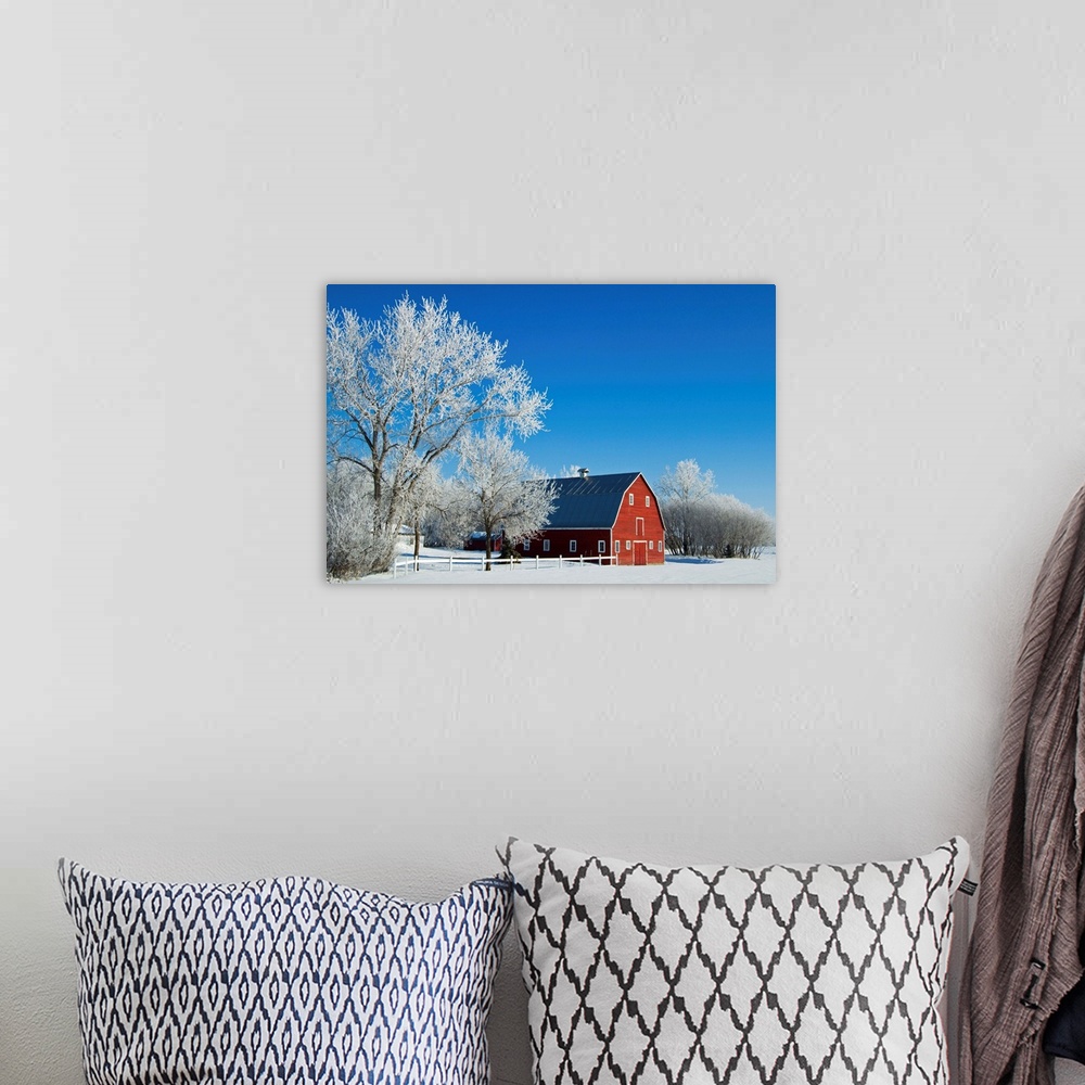 A bohemian room featuring Hoarfrost And Red Barn, Grande Pointe, Manitoba, Canada
