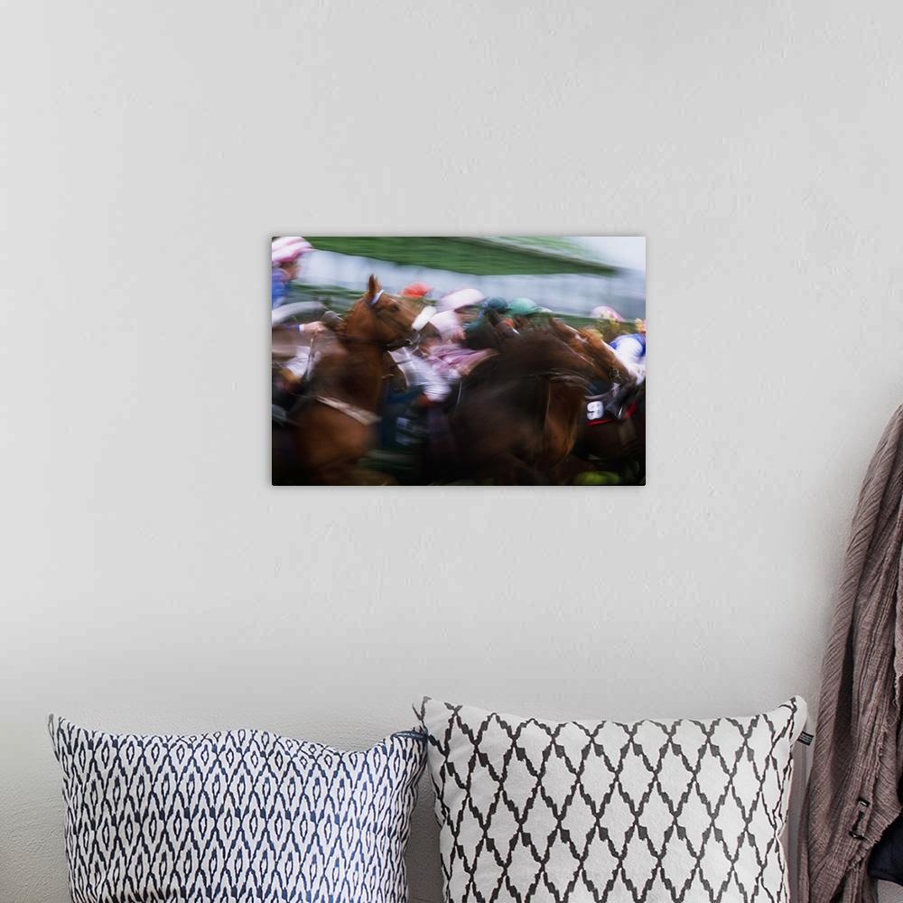 A bohemian room featuring Horses Breaking From The Stalls at a Race