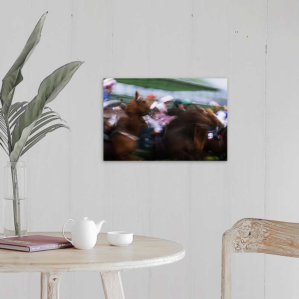 A farmhouse room featuring Horses Breaking From The Stalls at a Race