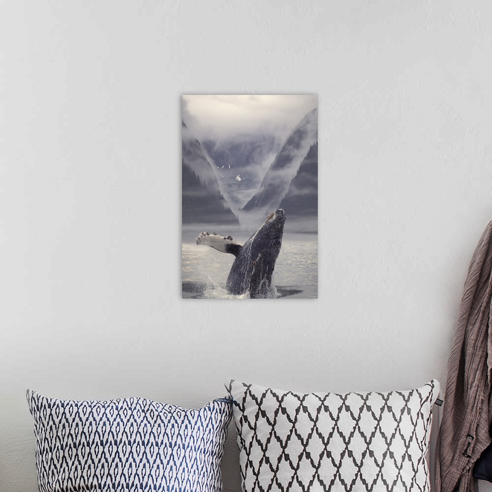 A bohemian room featuring Composite Humpback Whale Breaching With Mist-Covered Mountains In The Background Of The Alexander...