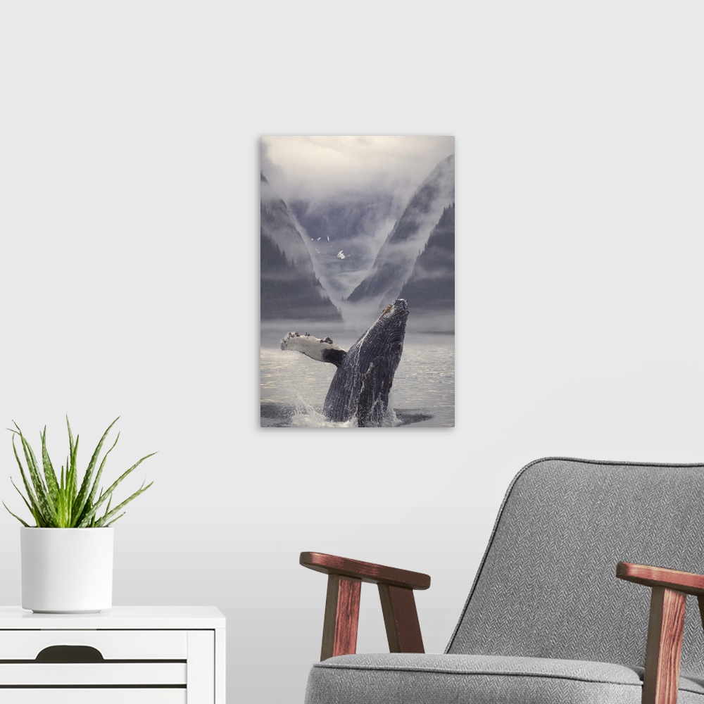 A modern room featuring Composite Humpback Whale Breaching With Mist-Covered Mountains In The Background Of The Alexander...