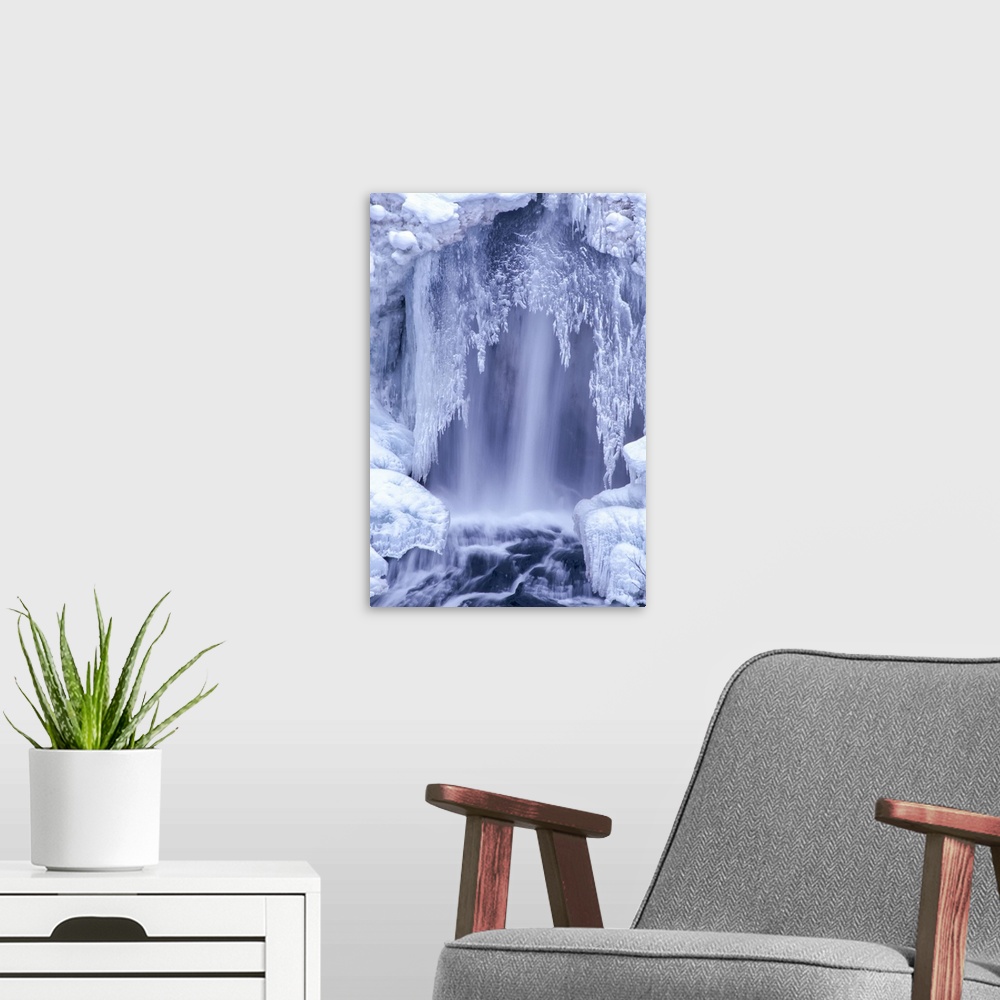 A modern room featuring Icy crust formation over the Undine Falls in winter Yellowstone National Park, United states of A...