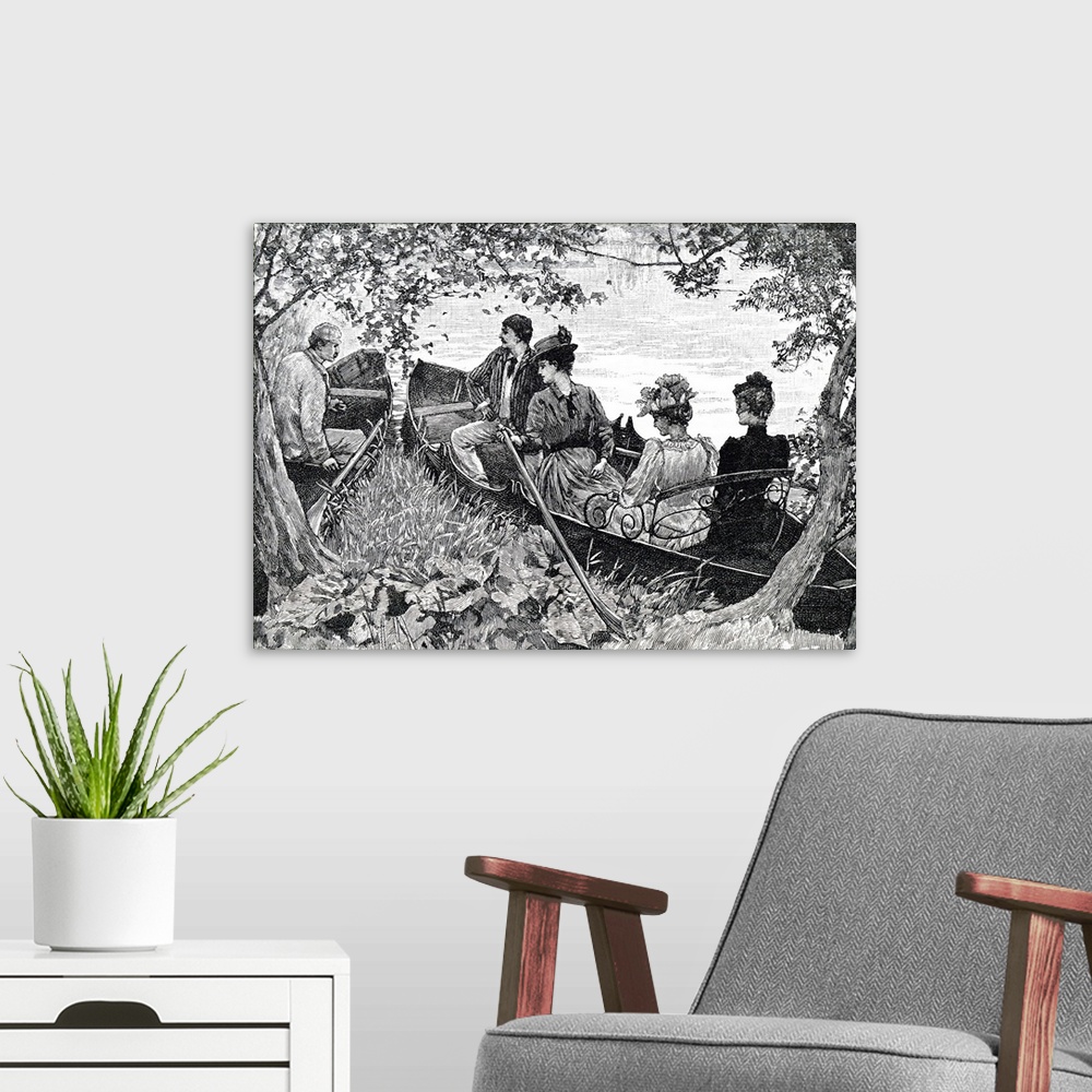 A modern room featuring Illustration depicting a group of young couples enjoying a boating trip. Dated 19th century.