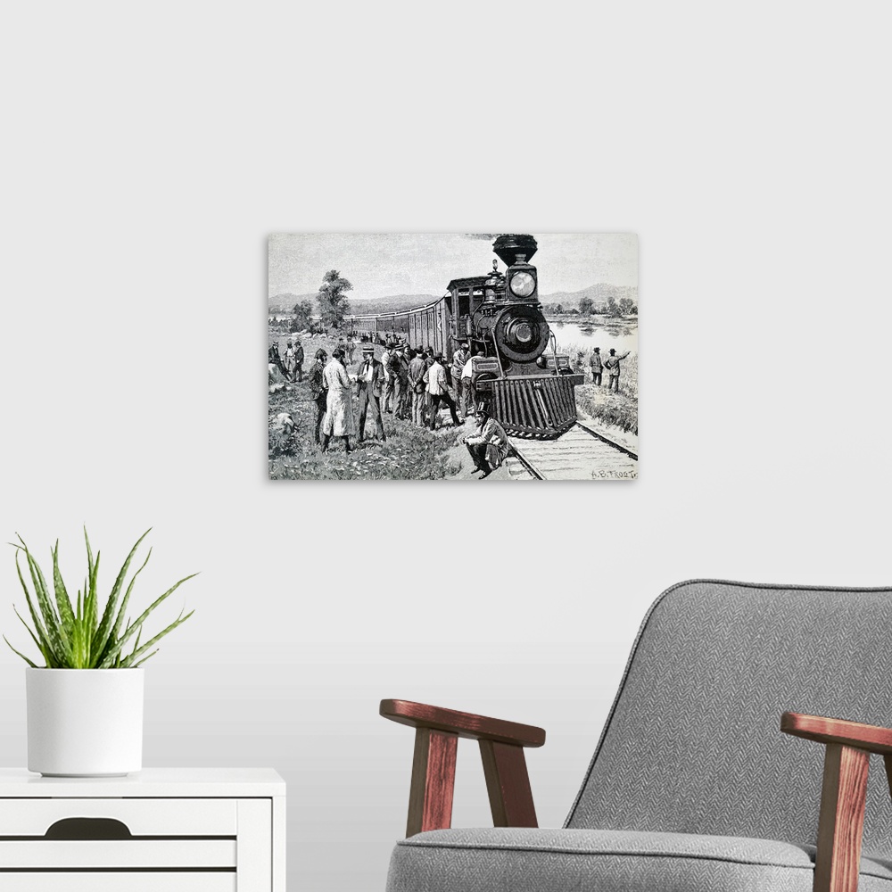 A modern room featuring Illustration depicting a steam train which has broken down mid journey. Dated 19th century.