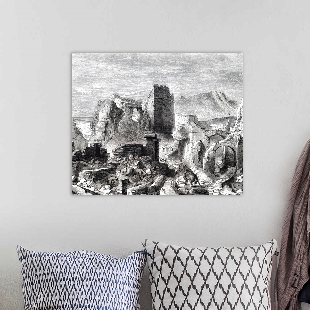 A bohemian room featuring Illustration depicting a view of Samaria and Mount Gerizim. Samaria is a name for the mountainous...