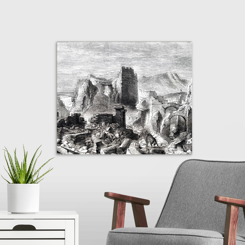 A modern room featuring Illustration depicting a view of Samaria and Mount Gerizim. Samaria is a name for the mountainous...