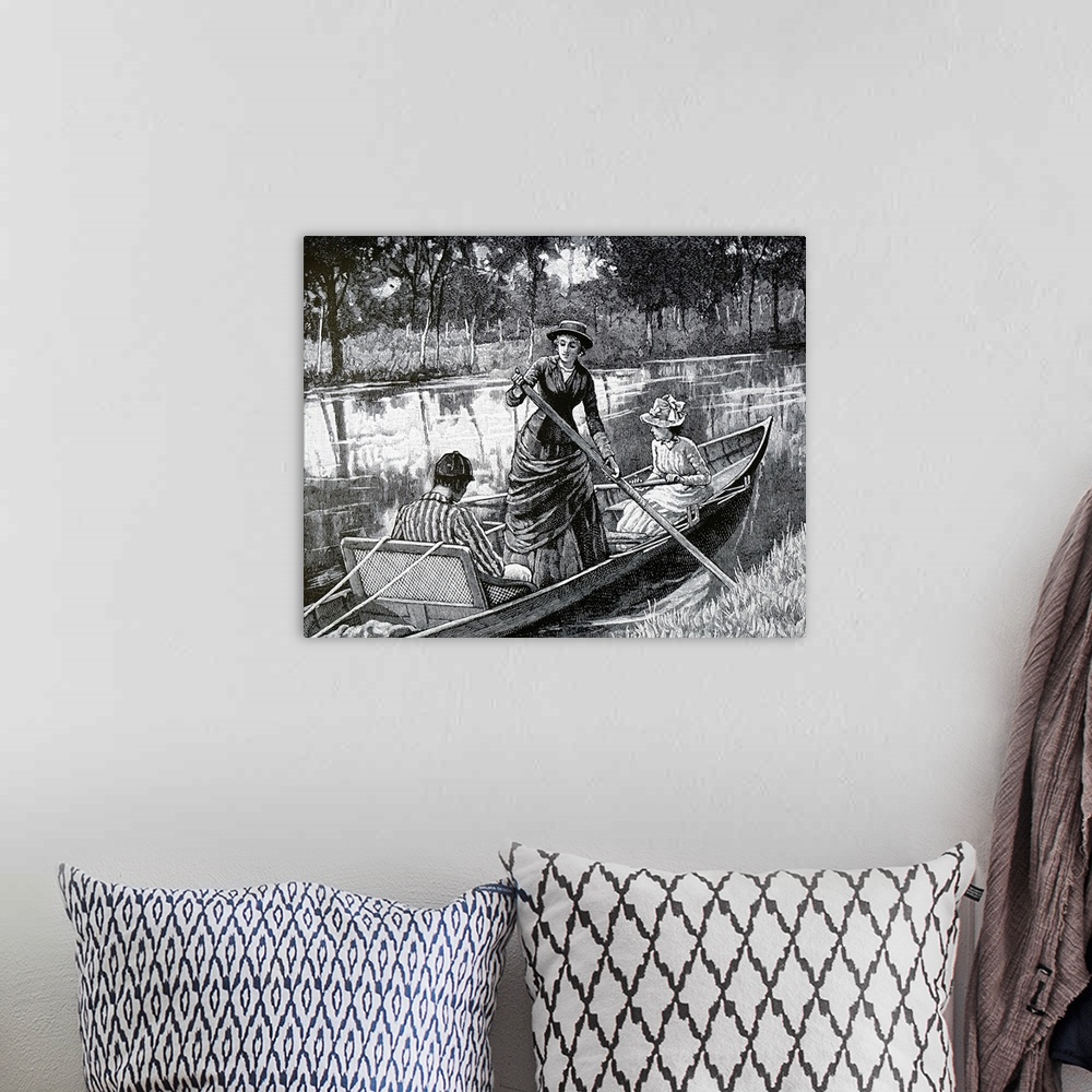 A bohemian room featuring Illustration depicting siblings spending a summer afternoon on a boat. Dated 20th century.